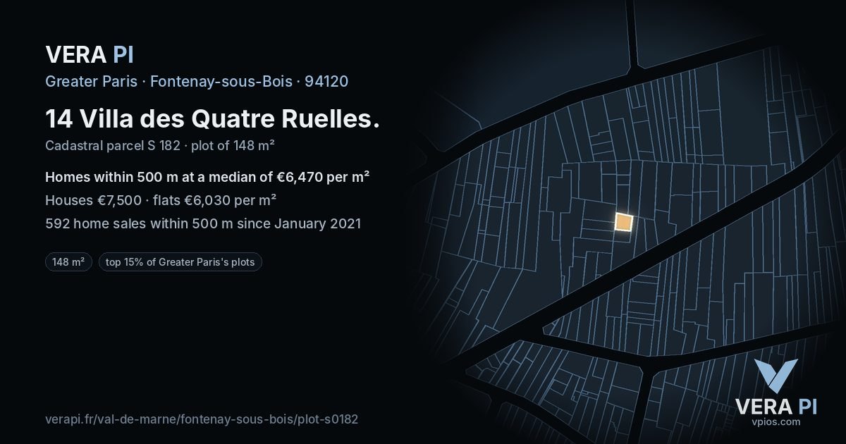 14 Villa des Quatre Ruelles, Fontenay-sous-Bois at night – the plot lit, the parcels around coloured by the prices near them
