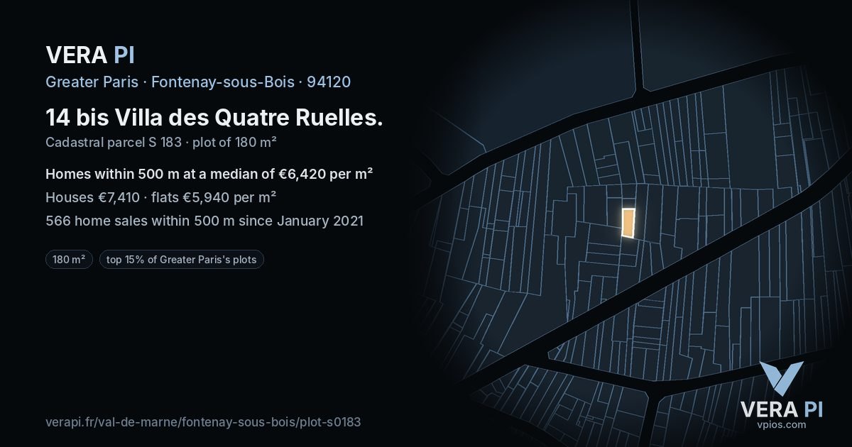 14 bis Villa des Quatre Ruelles, Fontenay-sous-Bois at night – the plot lit, the parcels around coloured by the prices near them