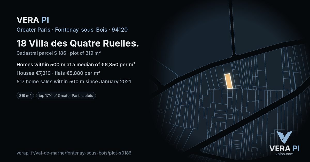 18 Villa des Quatre Ruelles, Fontenay-sous-Bois at night – the plot lit, the parcels around coloured by the prices near them