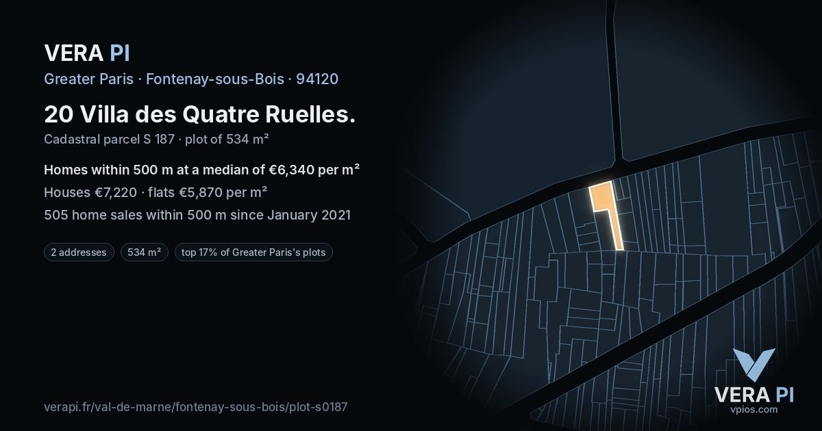 20 Villa des Quatre Ruelles, Fontenay-sous-Bois at night – the plot lit, the parcels around coloured by the prices near them