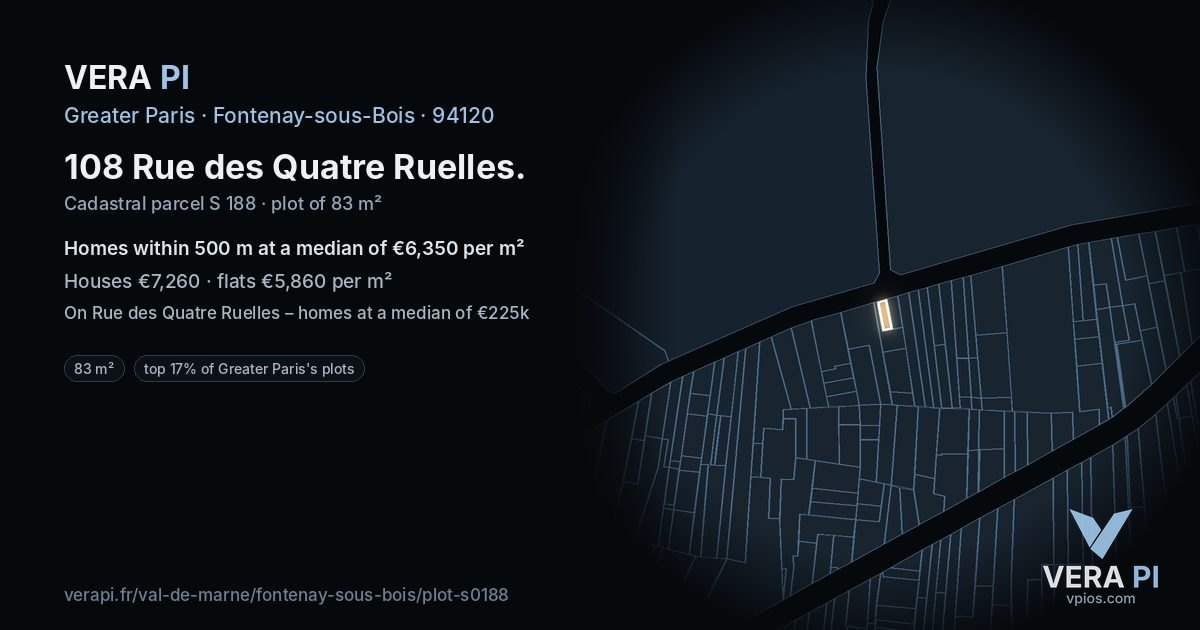 108 Rue des Quatre Ruelles, Fontenay-sous-Bois at night – the plot lit, the parcels around coloured by the prices near them