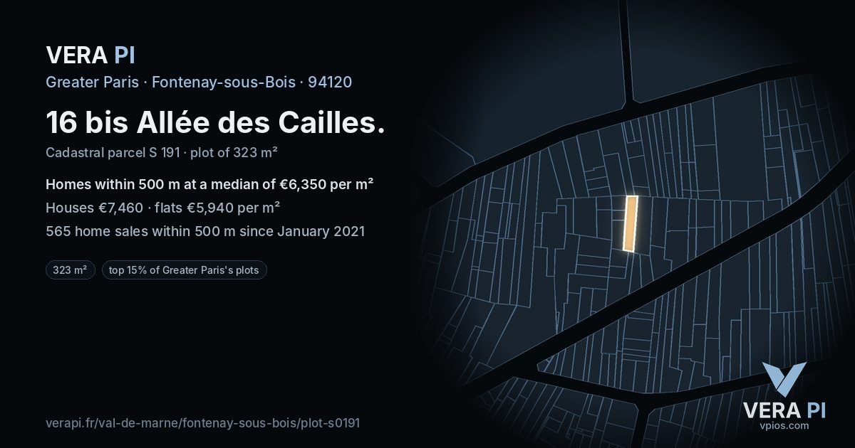 16 bis Allée des Cailles, Fontenay-sous-Bois at night – the plot lit, the parcels around coloured by the prices near them