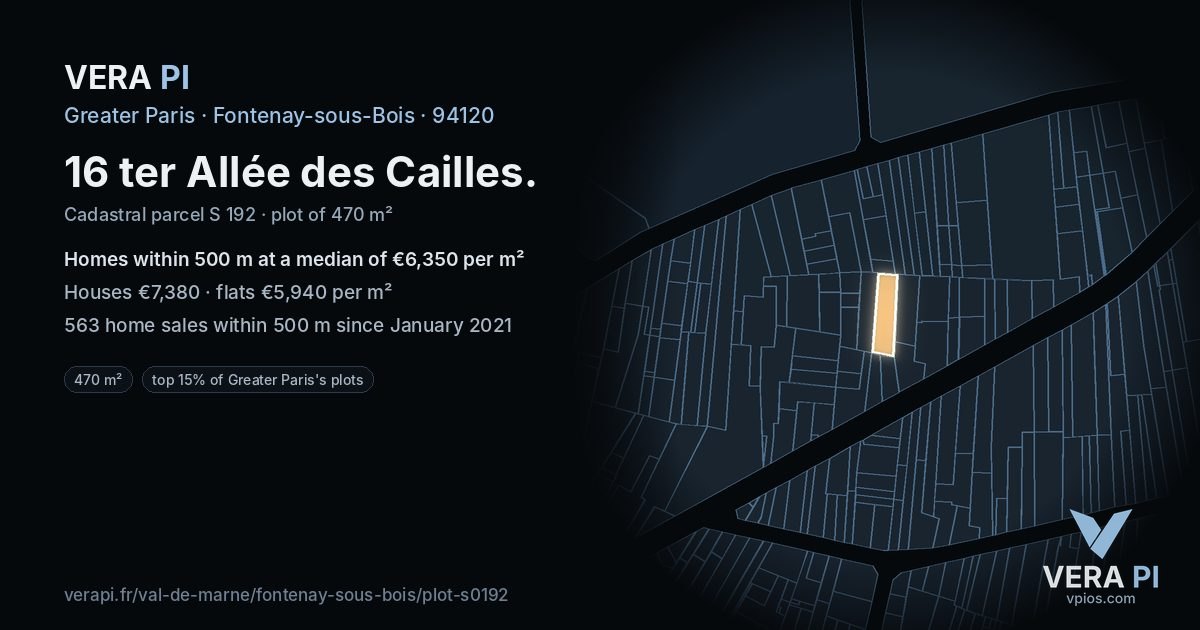 16 ter Allée des Cailles, Fontenay-sous-Bois at night – the plot lit, the parcels around coloured by the prices near them