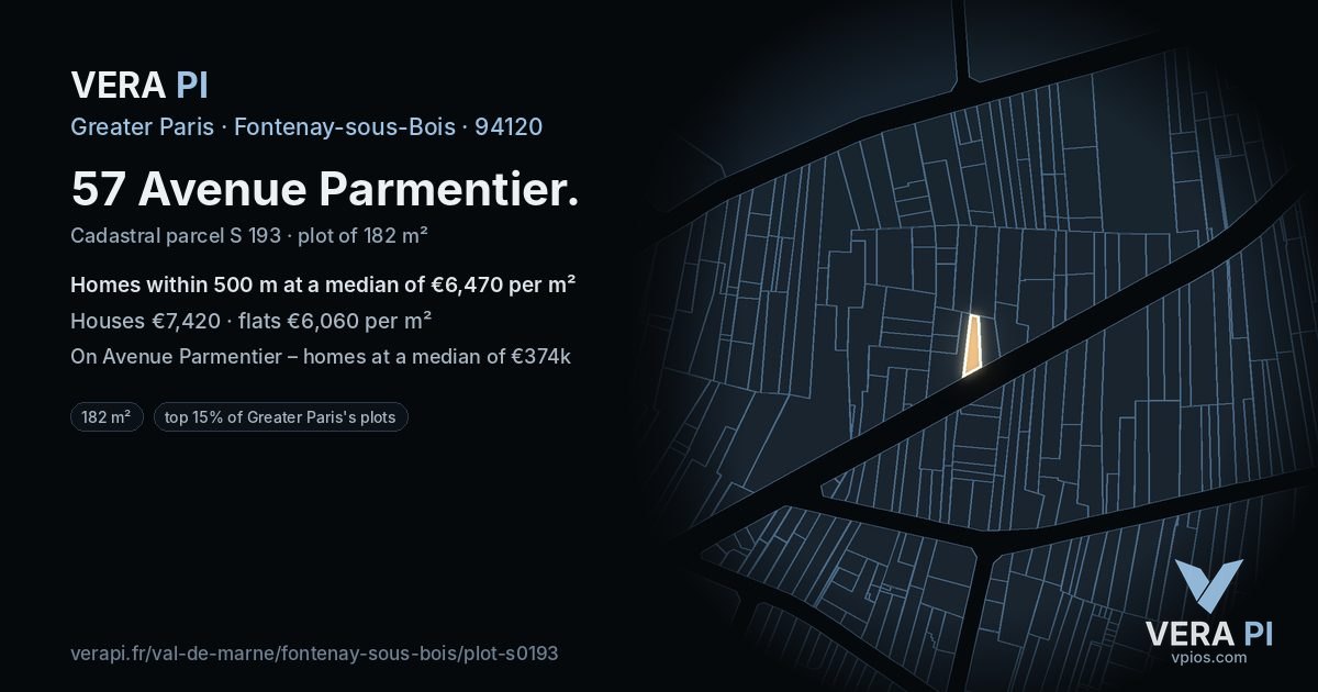 57 Avenue Parmentier, Fontenay-sous-Bois at night – the plot lit, the parcels around coloured by the prices near them