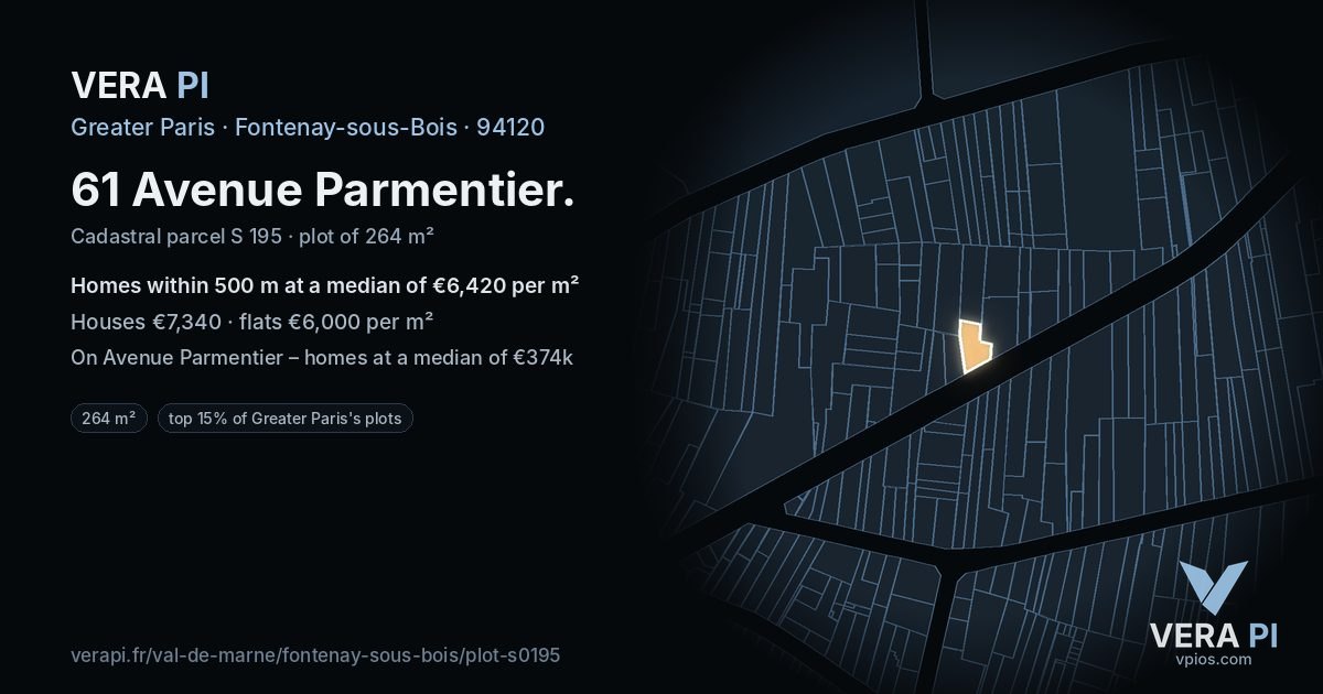 61 Avenue Parmentier, Fontenay-sous-Bois at night – the plot lit, the parcels around coloured by the prices near them
