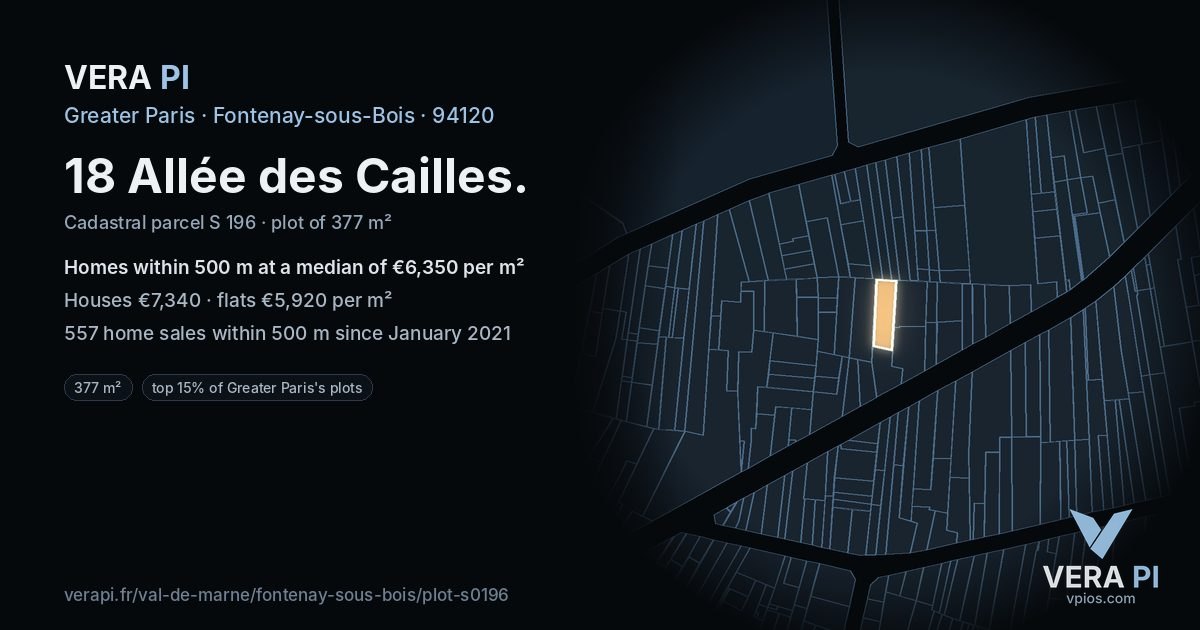 18 Allée des Cailles, Fontenay-sous-Bois at night – the plot lit, the parcels around coloured by the prices near them