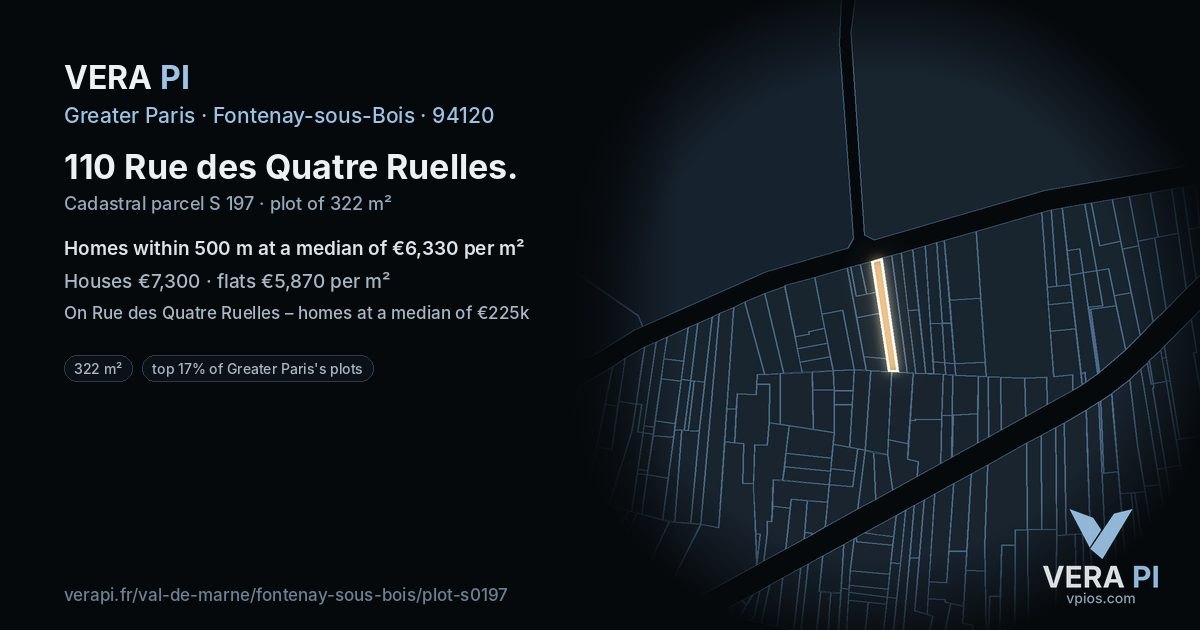 110 Rue des Quatre Ruelles, Fontenay-sous-Bois at night – the plot lit, the parcels around coloured by the prices near them
