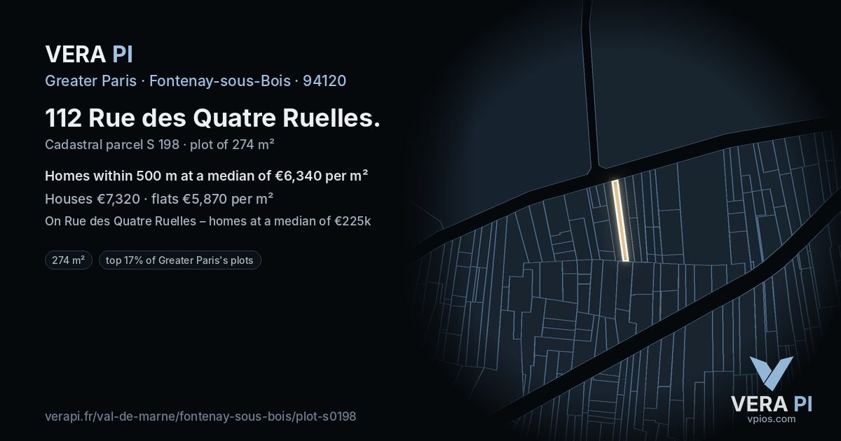 112 Rue des Quatre Ruelles, Fontenay-sous-Bois at night – the plot lit, the parcels around coloured by the prices near them