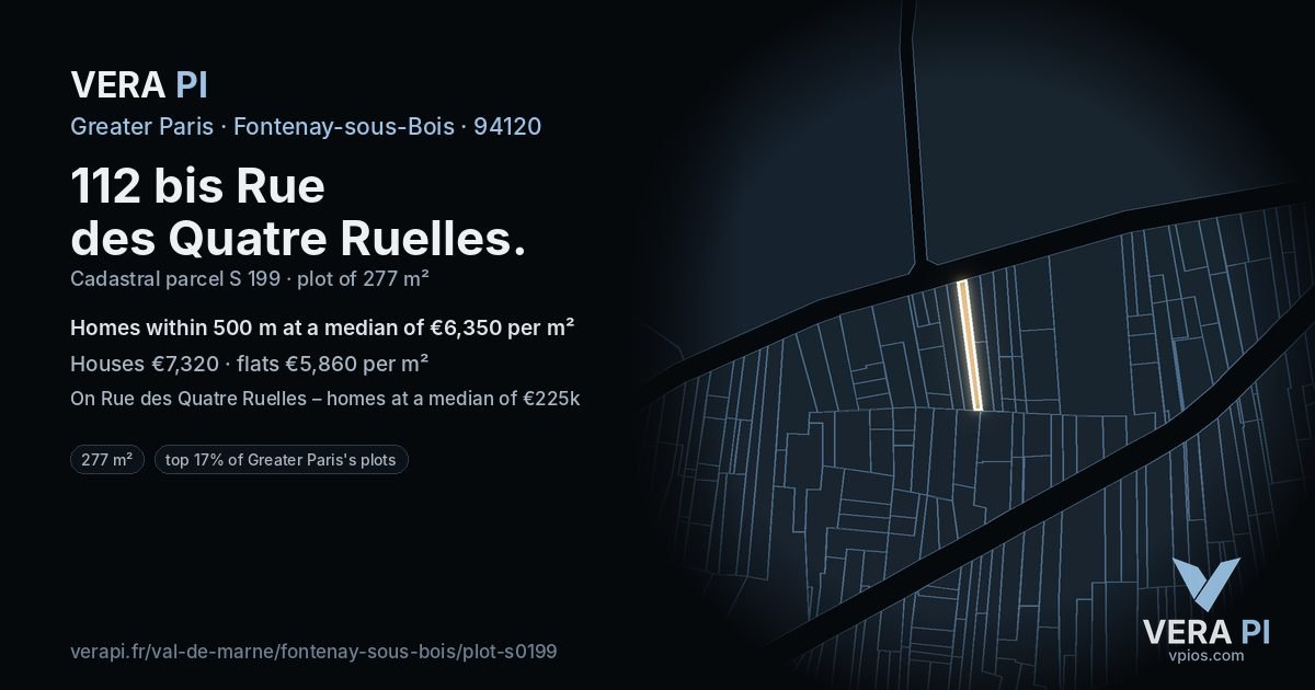 112 bis Rue des Quatre Ruelles, Fontenay-sous-Bois at night – the plot lit, the parcels around coloured by the prices near them