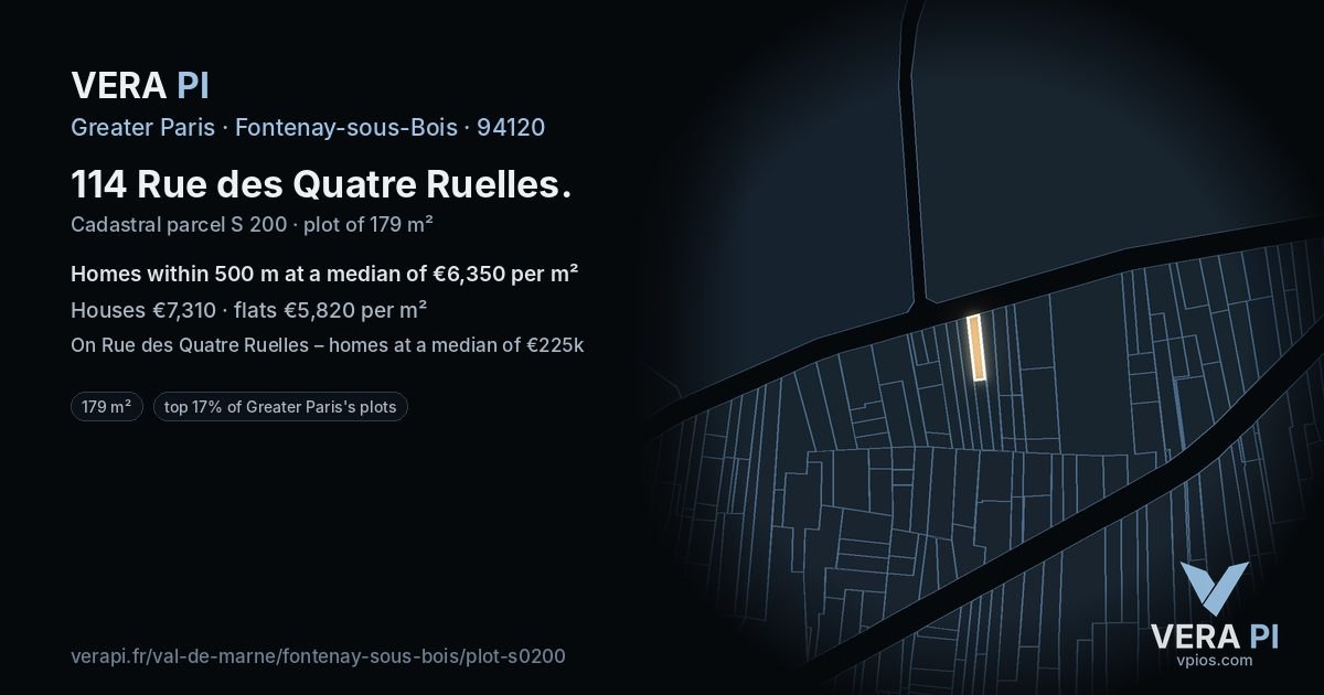 114 Rue des Quatre Ruelles, Fontenay-sous-Bois at night – the plot lit, the parcels around coloured by the prices near them