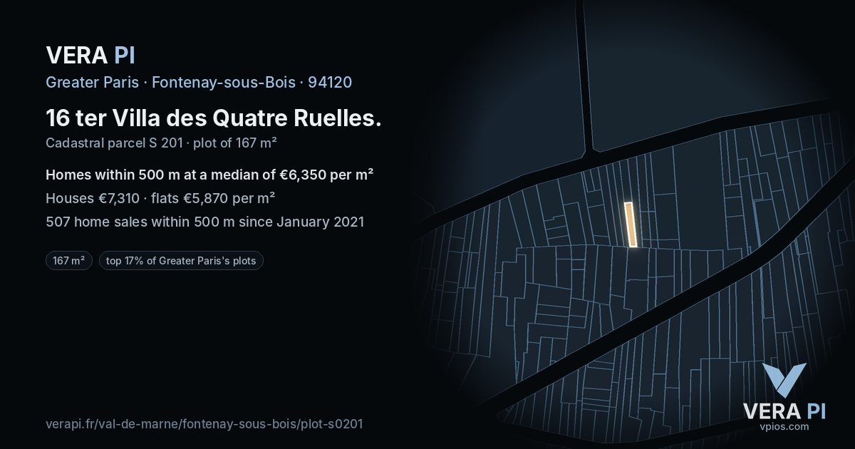 16 ter Villa des Quatre Ruelles, Fontenay-sous-Bois at night – the plot lit, the parcels around coloured by the prices near them