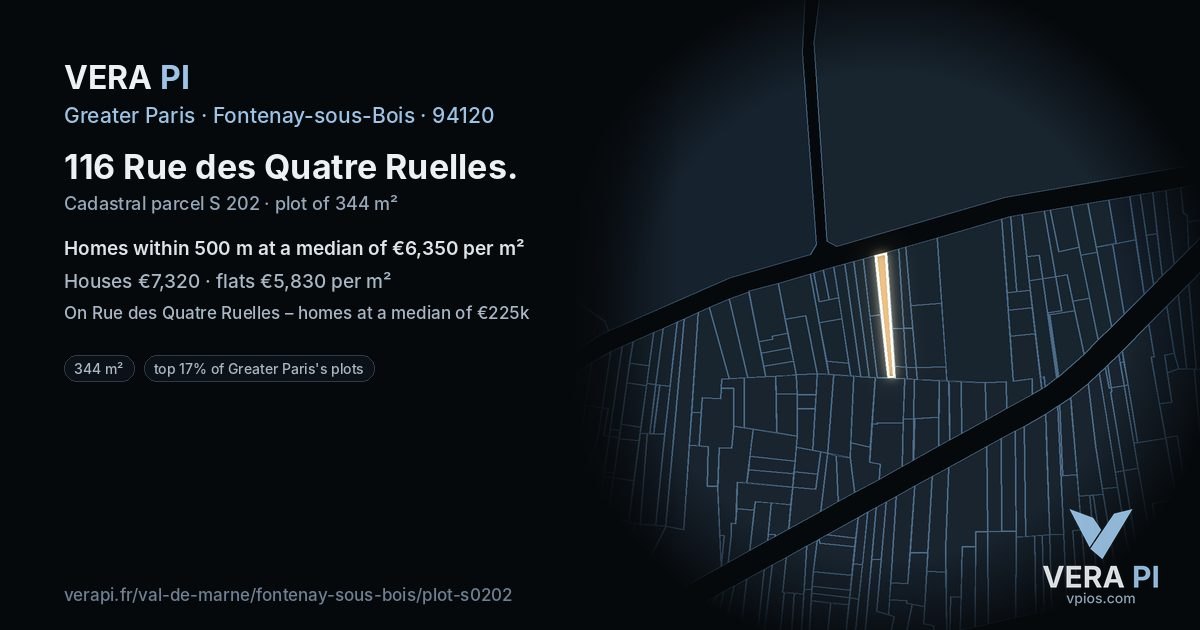 116 Rue des Quatre Ruelles, Fontenay-sous-Bois at night – the plot lit, the parcels around coloured by the prices near them
