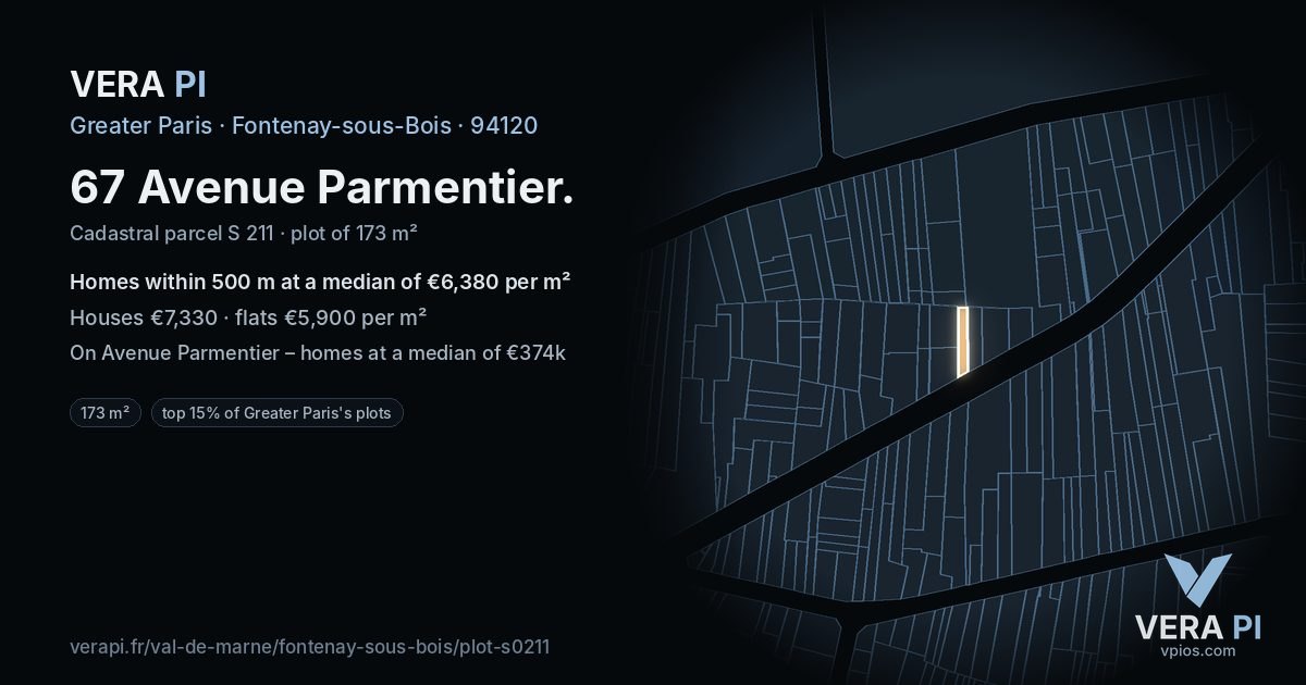 67 Avenue Parmentier, Fontenay-sous-Bois at night – the plot lit, the parcels around coloured by the prices near them