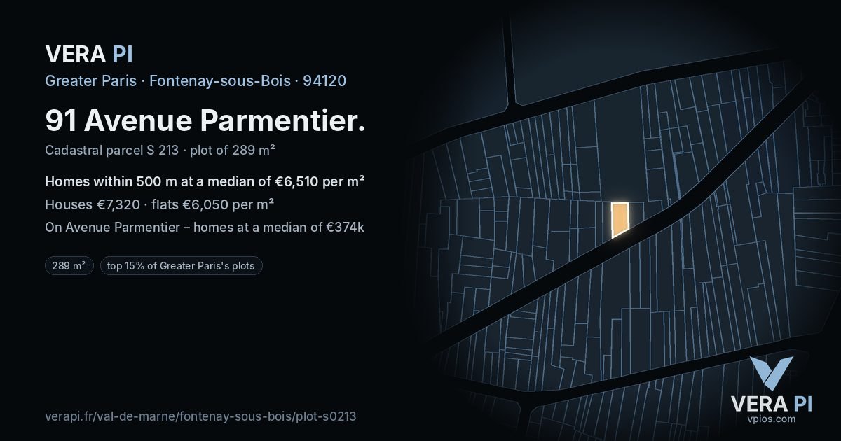 91 Avenue Parmentier, Fontenay-sous-Bois at night – the plot lit, the parcels around coloured by the prices near them