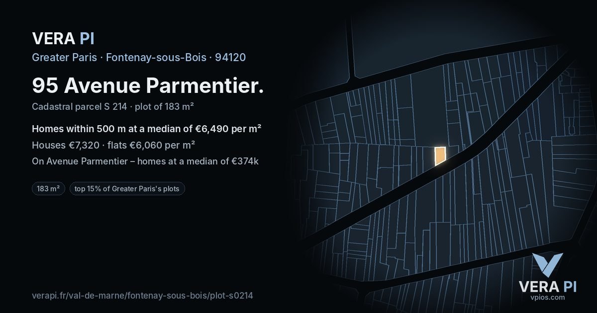 95 Avenue Parmentier, Fontenay-sous-Bois at night – the plot lit, the parcels around coloured by the prices near them