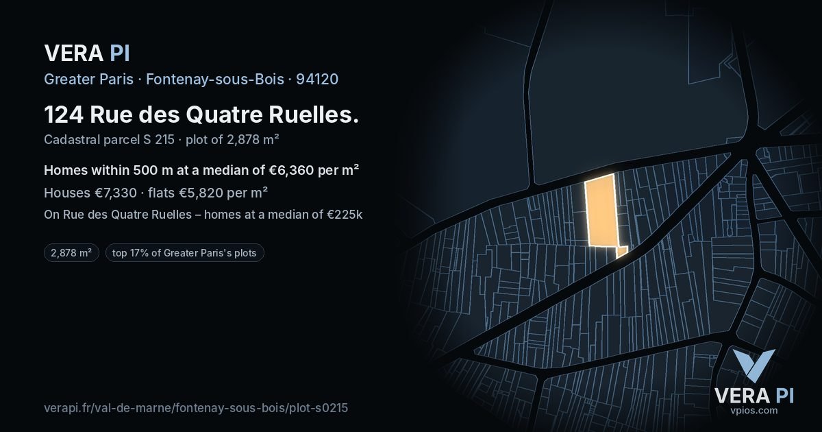 124 Rue des Quatre Ruelles, Fontenay-sous-Bois at night – the plot lit, the parcels around coloured by the prices near them