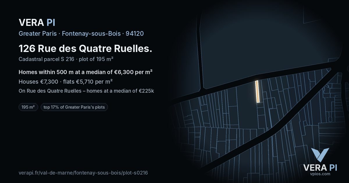 126 Rue des Quatre Ruelles, Fontenay-sous-Bois at night – the plot lit, the parcels around coloured by the prices near them