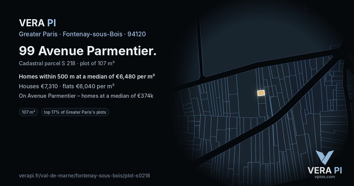 99 Avenue Parmentier, Fontenay-sous-Bois at night – the plot lit, the parcels around coloured by the prices near them