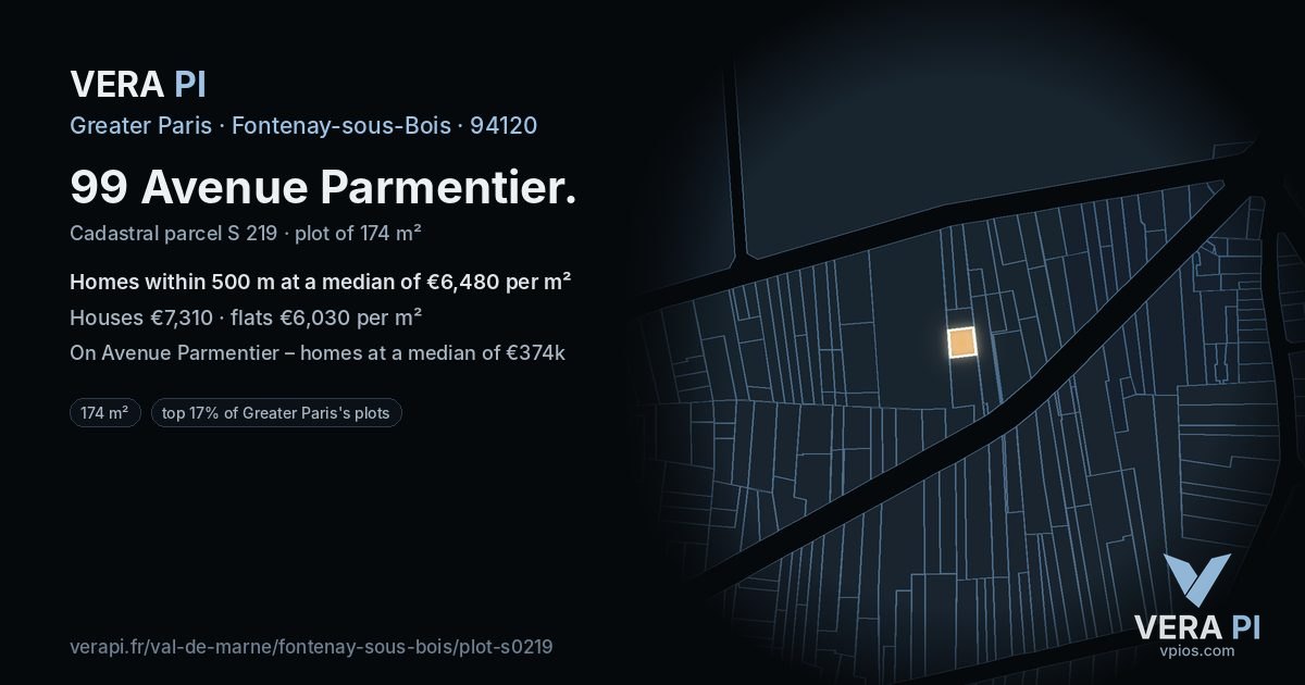 99 Avenue Parmentier, Fontenay-sous-Bois at night – the plot lit, the parcels around coloured by the prices near them