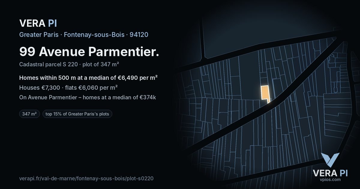 99 Avenue Parmentier, Fontenay-sous-Bois at night – the plot lit, the parcels around coloured by the prices near them