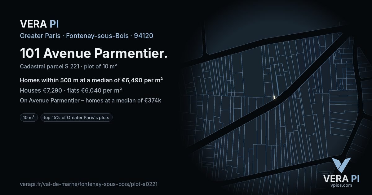 101 Avenue Parmentier, Fontenay-sous-Bois at night – the plot lit, the parcels around coloured by the prices near them