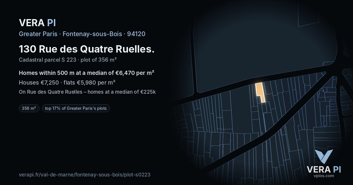 130 Rue des Quatre Ruelles, Fontenay-sous-Bois at night – the plot lit, the parcels around coloured by the prices near them