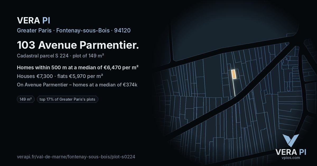 103 Avenue Parmentier, Fontenay-sous-Bois at night – the plot lit, the parcels around coloured by the prices near them