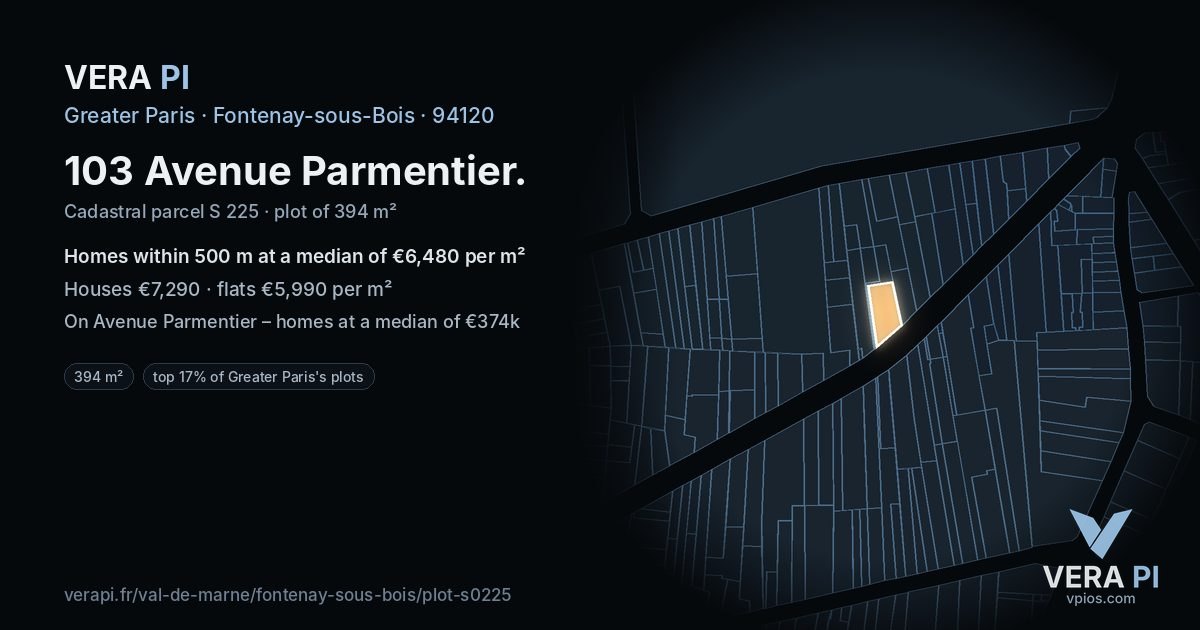 103 Avenue Parmentier, Fontenay-sous-Bois at night – the plot lit, the parcels around coloured by the prices near them