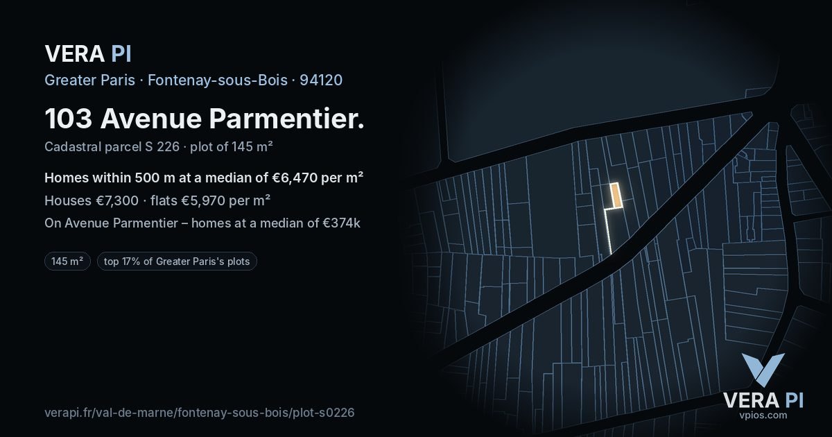 103 Avenue Parmentier, Fontenay-sous-Bois at night – the plot lit, the parcels around coloured by the prices near them