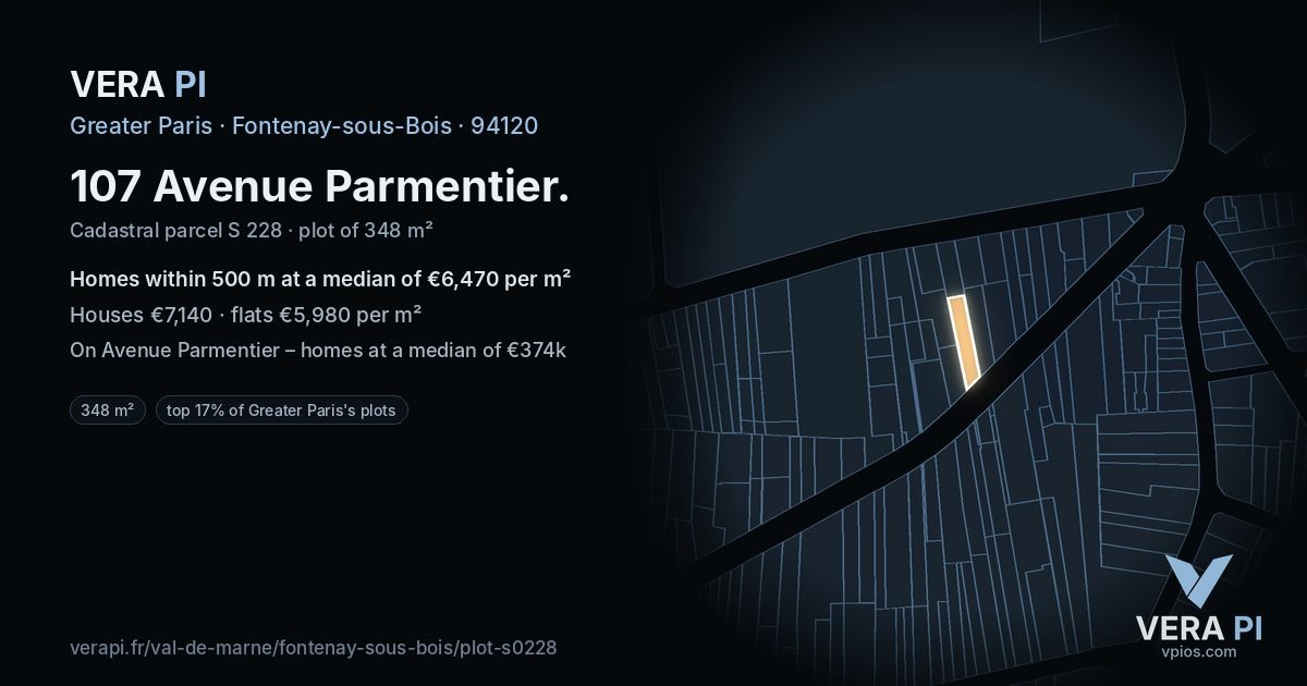 107 Avenue Parmentier, Fontenay-sous-Bois at night – the plot lit, the parcels around coloured by the prices near them