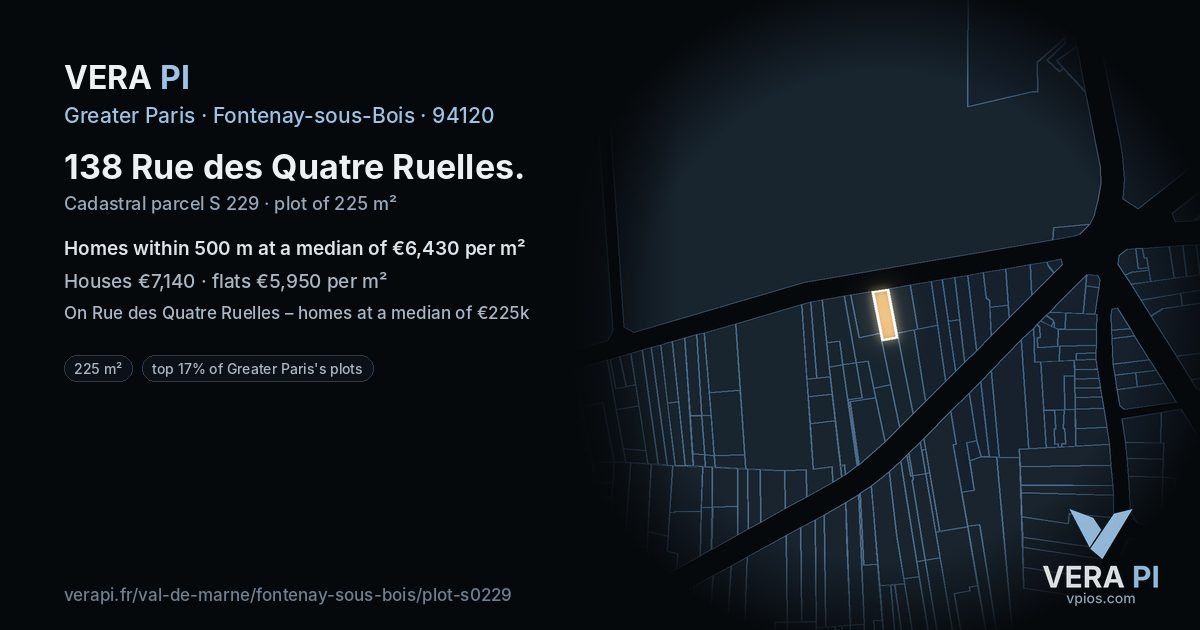 138 Rue des Quatre Ruelles, Fontenay-sous-Bois at night – the plot lit, the parcels around coloured by the prices near them