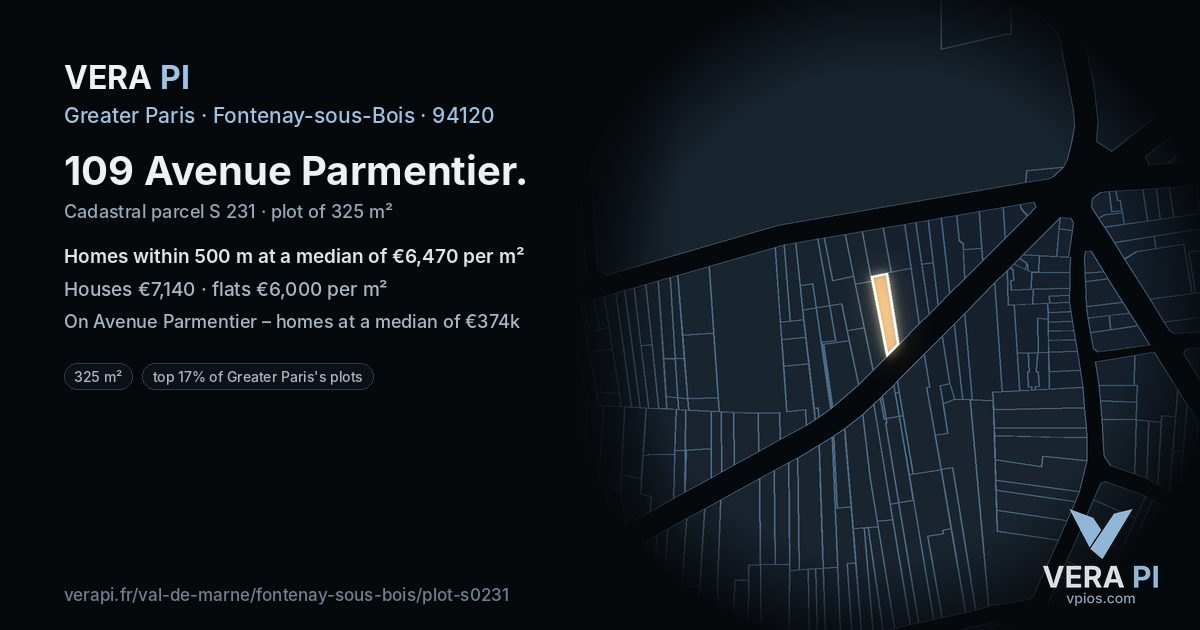 109 Avenue Parmentier, Fontenay-sous-Bois at night – the plot lit, the parcels around coloured by the prices near them