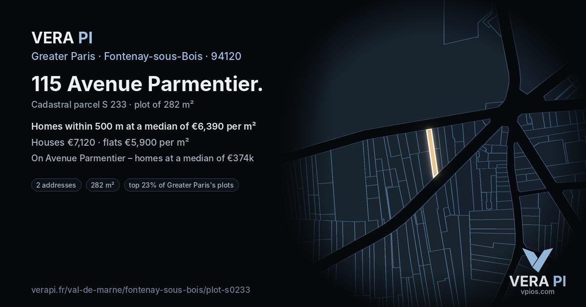 115 Avenue Parmentier, Fontenay-sous-Bois at night – the plot lit, the parcels around coloured by the prices near them