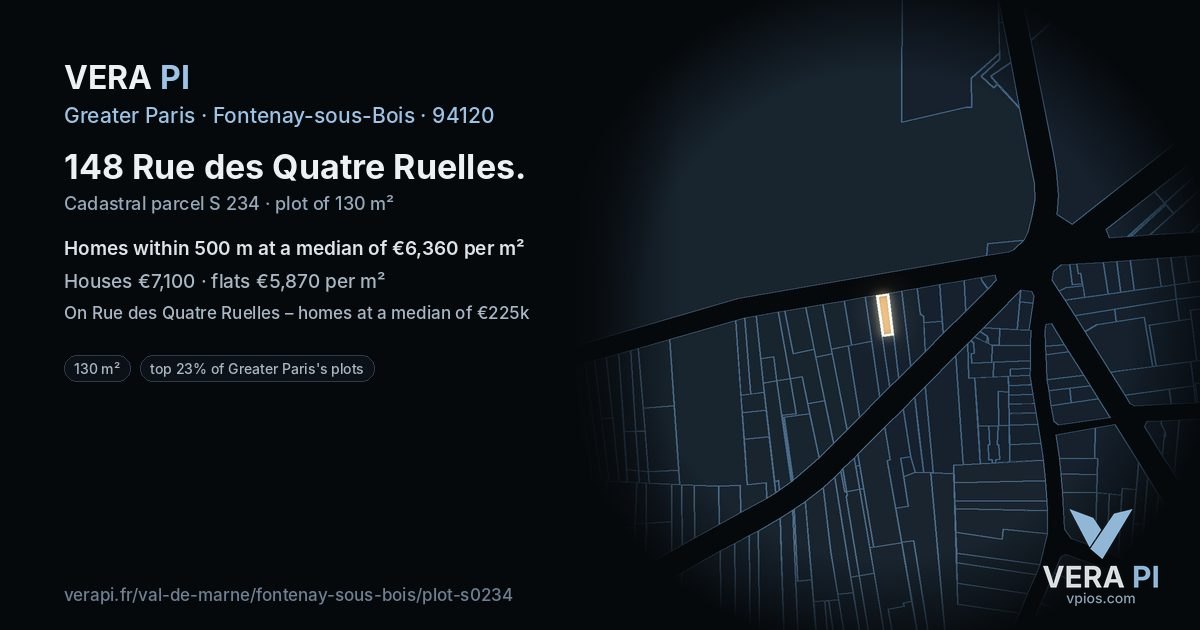 148 Rue des Quatre Ruelles, Fontenay-sous-Bois at night – the plot lit, the parcels around coloured by the prices near them
