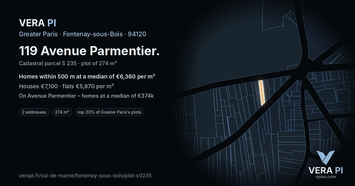119 Avenue Parmentier, Fontenay-sous-Bois at night – the plot lit, the parcels around coloured by the prices near them