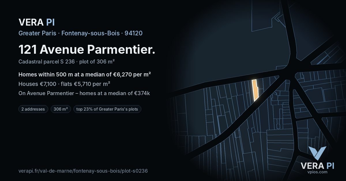 121 Avenue Parmentier, Fontenay-sous-Bois at night – the plot lit, the parcels around coloured by the prices near them