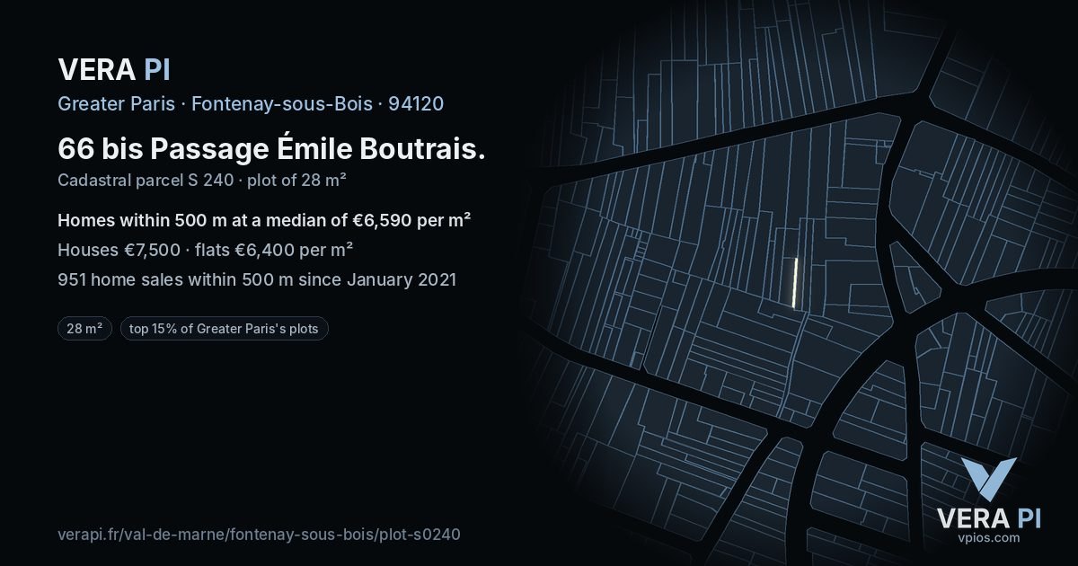 66 bis Passage Émile Boutrais, Fontenay-sous-Bois at night – the plot lit, the parcels around coloured by the prices near them