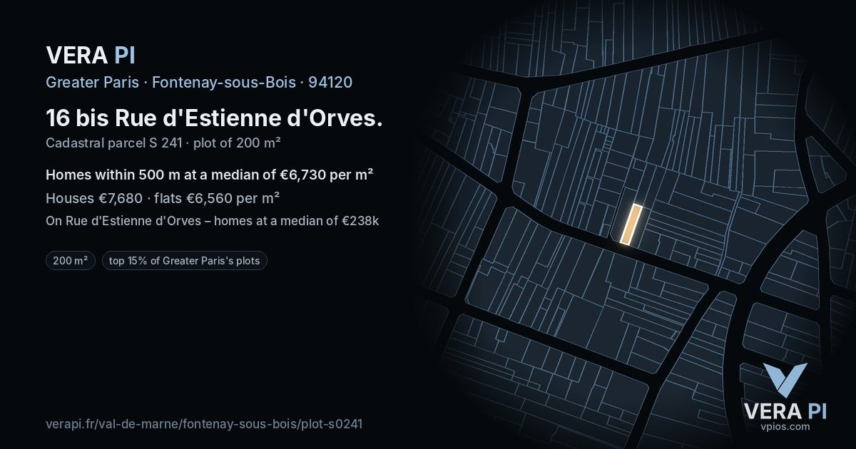 16 bis Rue d'Estienne d'Orves, Fontenay-sous-Bois at night – the plot lit, the parcels around coloured by the prices near them