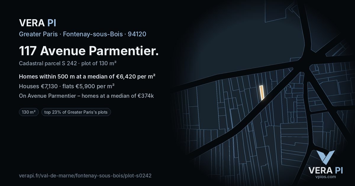 117 Avenue Parmentier, Fontenay-sous-Bois at night – the plot lit, the parcels around coloured by the prices near them