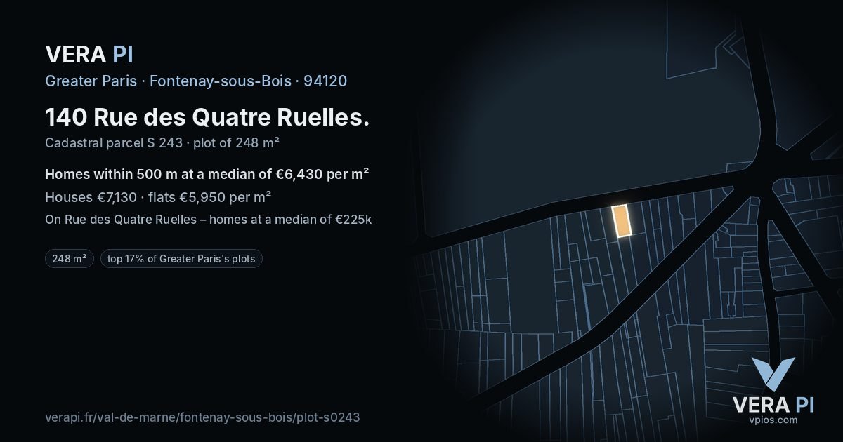 140 Rue des Quatre Ruelles, Fontenay-sous-Bois at night – the plot lit, the parcels around coloured by the prices near them