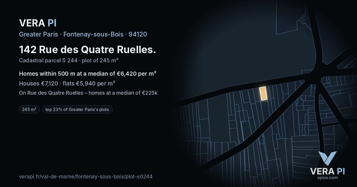 142 Rue des Quatre Ruelles, Fontenay-sous-Bois at night – the plot lit, the parcels around coloured by the prices near them