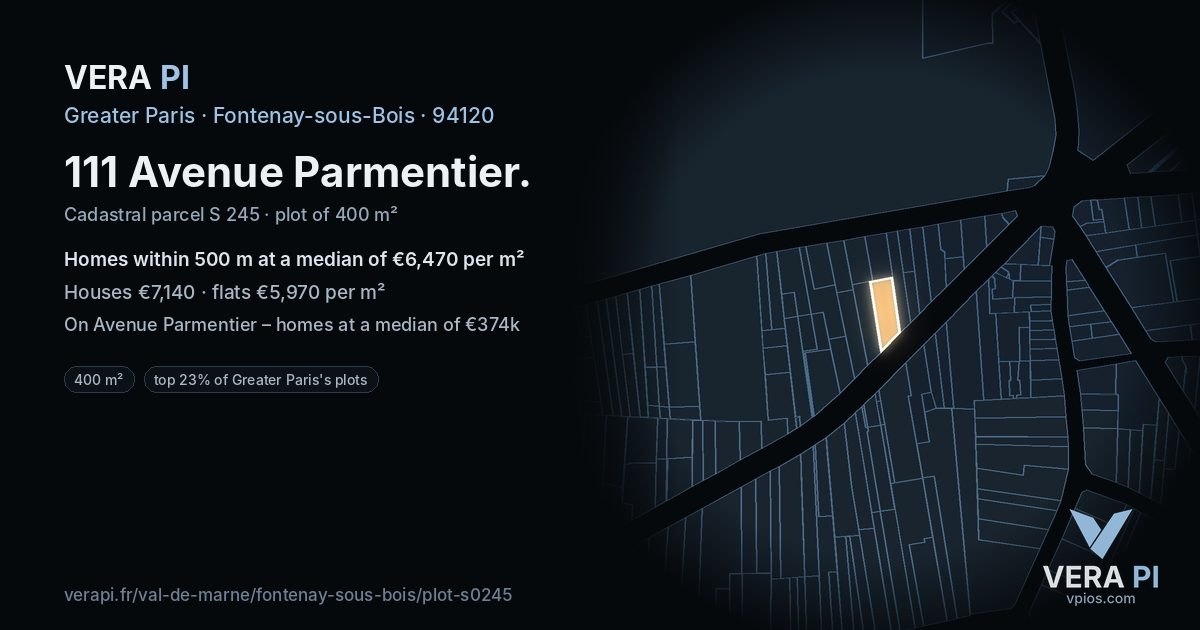111 Avenue Parmentier, Fontenay-sous-Bois at night – the plot lit, the parcels around coloured by the prices near them