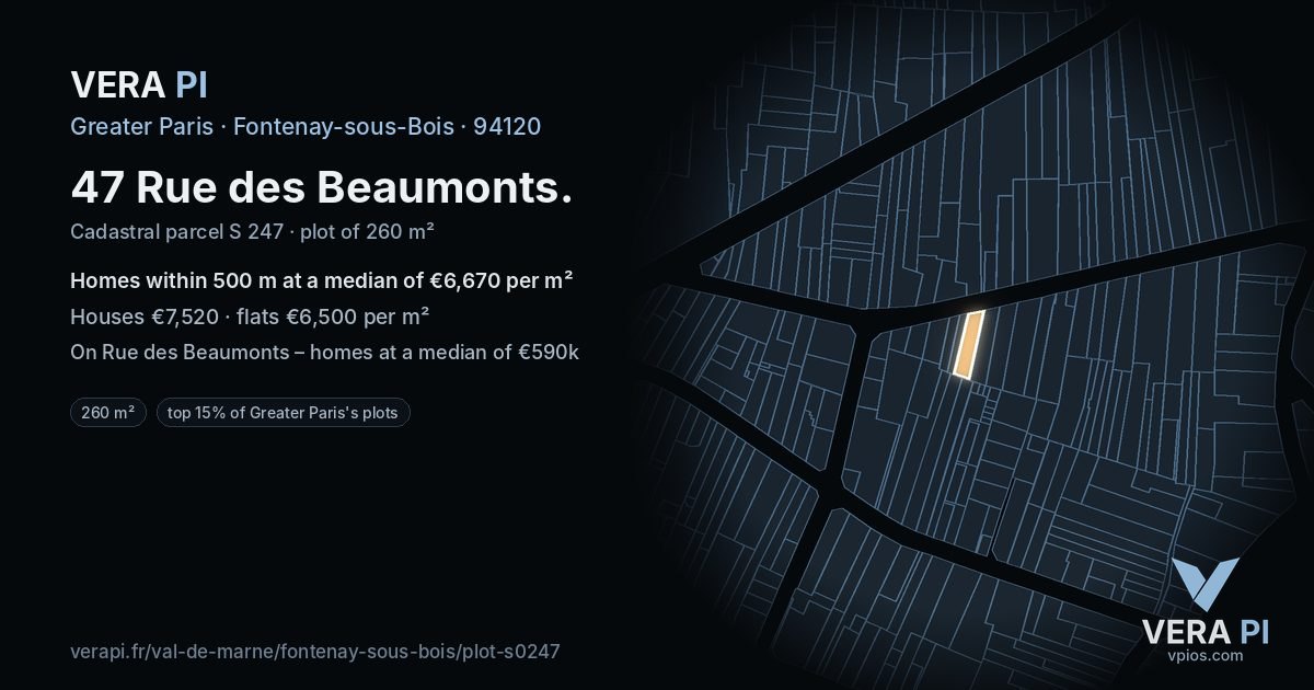47 Rue des Beaumonts, Fontenay-sous-Bois at night – the plot lit, the parcels around coloured by the prices near them