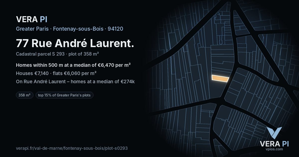 77 Rue André Laurent, Fontenay-sous-Bois at night – the plot lit, the parcels around coloured by the prices near them
