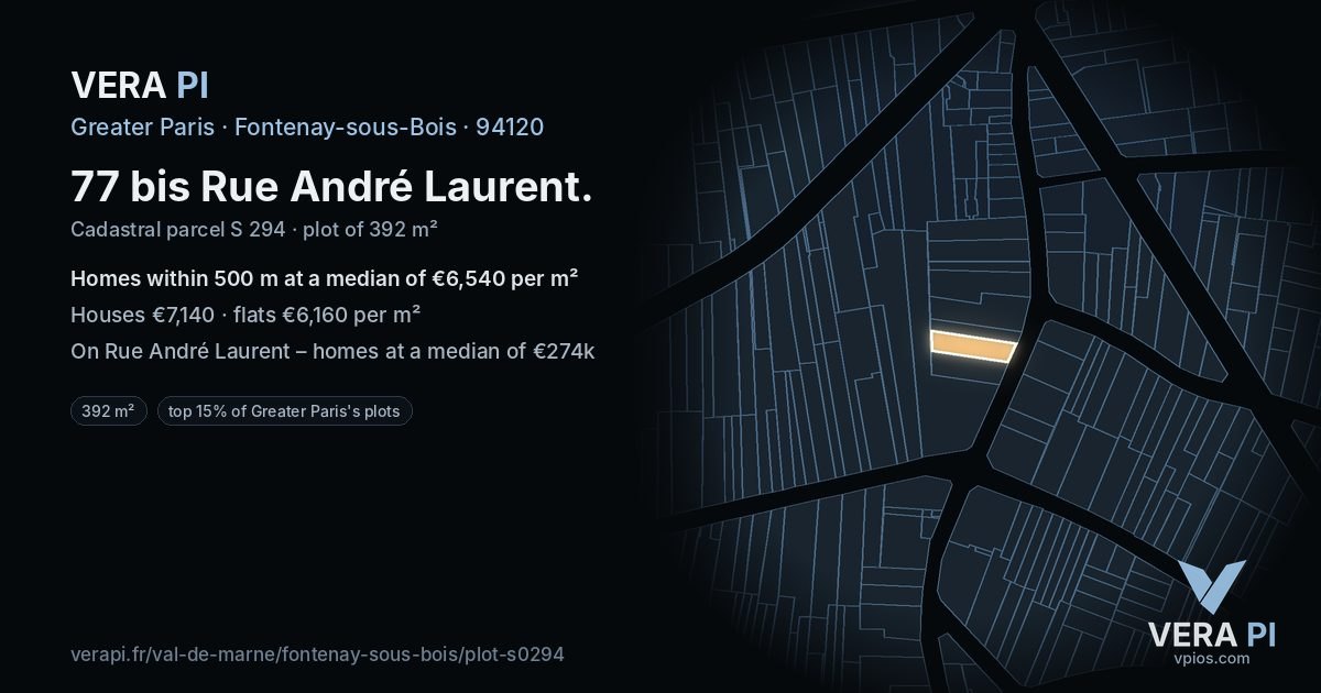 77 bis Rue André Laurent, Fontenay-sous-Bois at night – the plot lit, the parcels around coloured by the prices near them