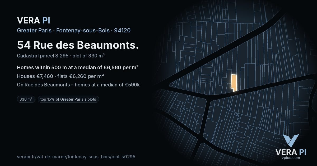 54 Rue des Beaumonts, Fontenay-sous-Bois at night – the plot lit, the parcels around coloured by the prices near them