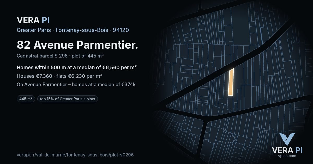 82 Avenue Parmentier, Fontenay-sous-Bois at night – the plot lit, the parcels around coloured by the prices near them