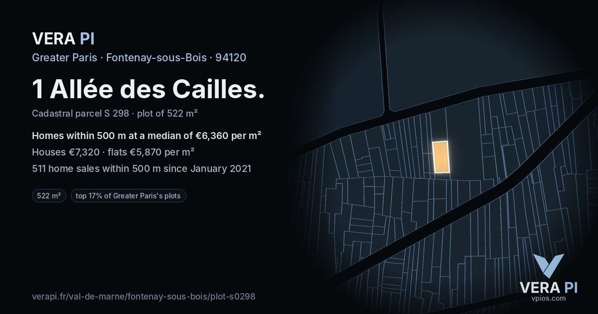 1 Allée des Cailles, Fontenay-sous-Bois at night – the plot lit, the parcels around coloured by the prices near them