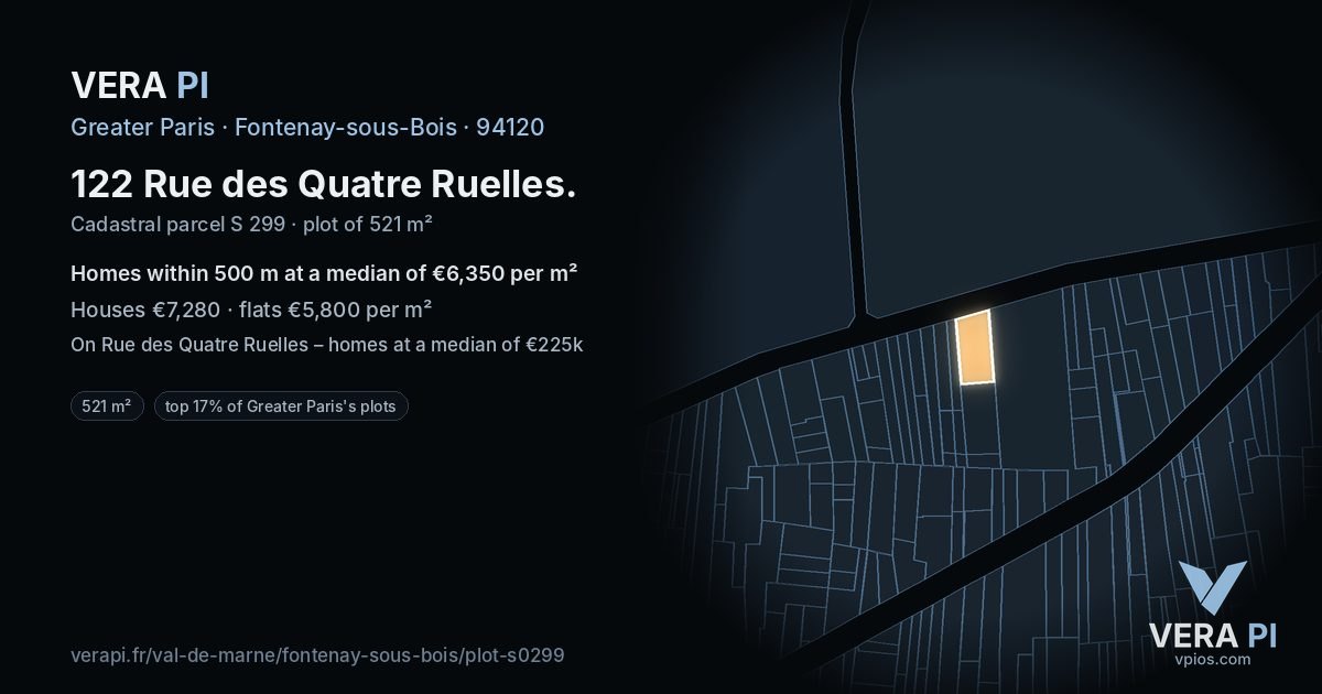122 Rue des Quatre Ruelles, Fontenay-sous-Bois at night – the plot lit, the parcels around coloured by the prices near them