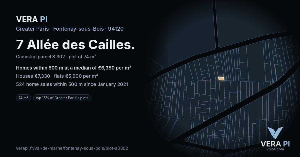 7 Allée des Cailles, Fontenay-sous-Bois at night – the plot lit, the parcels around coloured by the prices near them